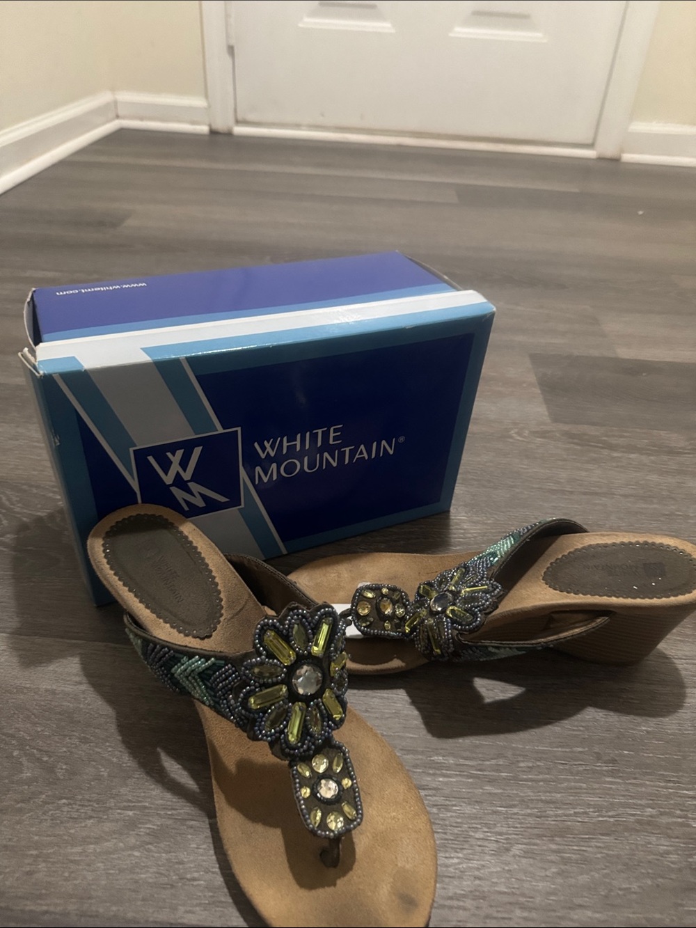 White Mountain Tan Sandal with Green Beaded Floral Accents